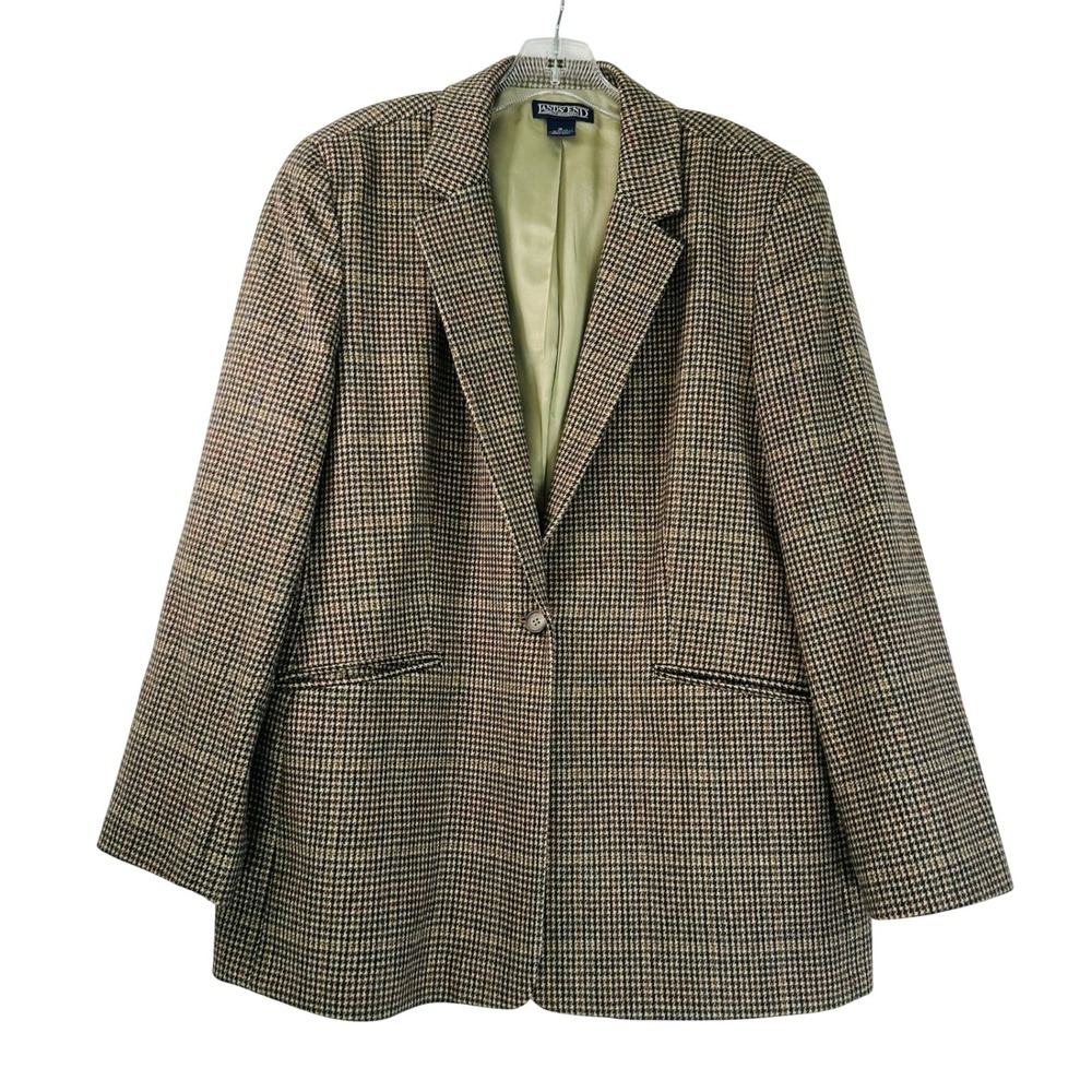 Lands End Womens 16 Wool Cashmere Houndstooth Blazer Brown Academia Equestrian